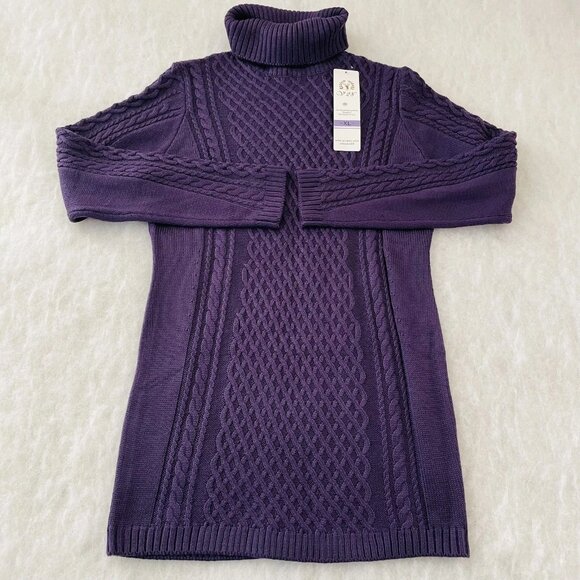 NWT V28 Womens Purple Turtleneck Cable Knit Slim Fit Bodycon Sweater Dress Sz XL - Picture 1 of 10
